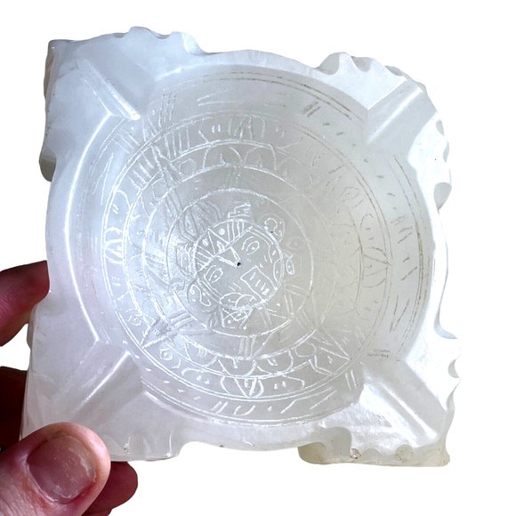 Onyx Alabaster  White Aztec Carved Face Ashtray Mexico Vintage 1970s - Picture 1 of 5